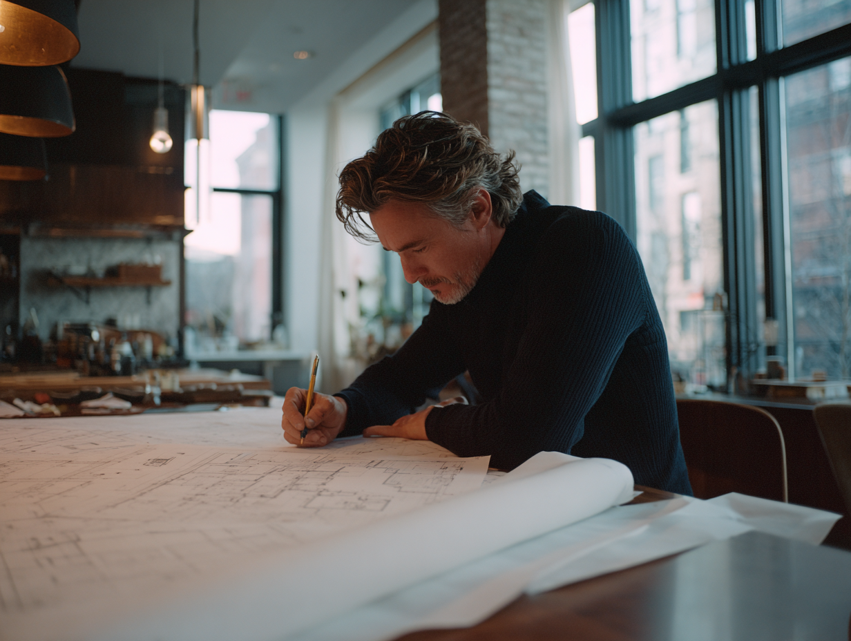 Acoustic consultant reviewing detailed architectural blueprints in a modern workspace.